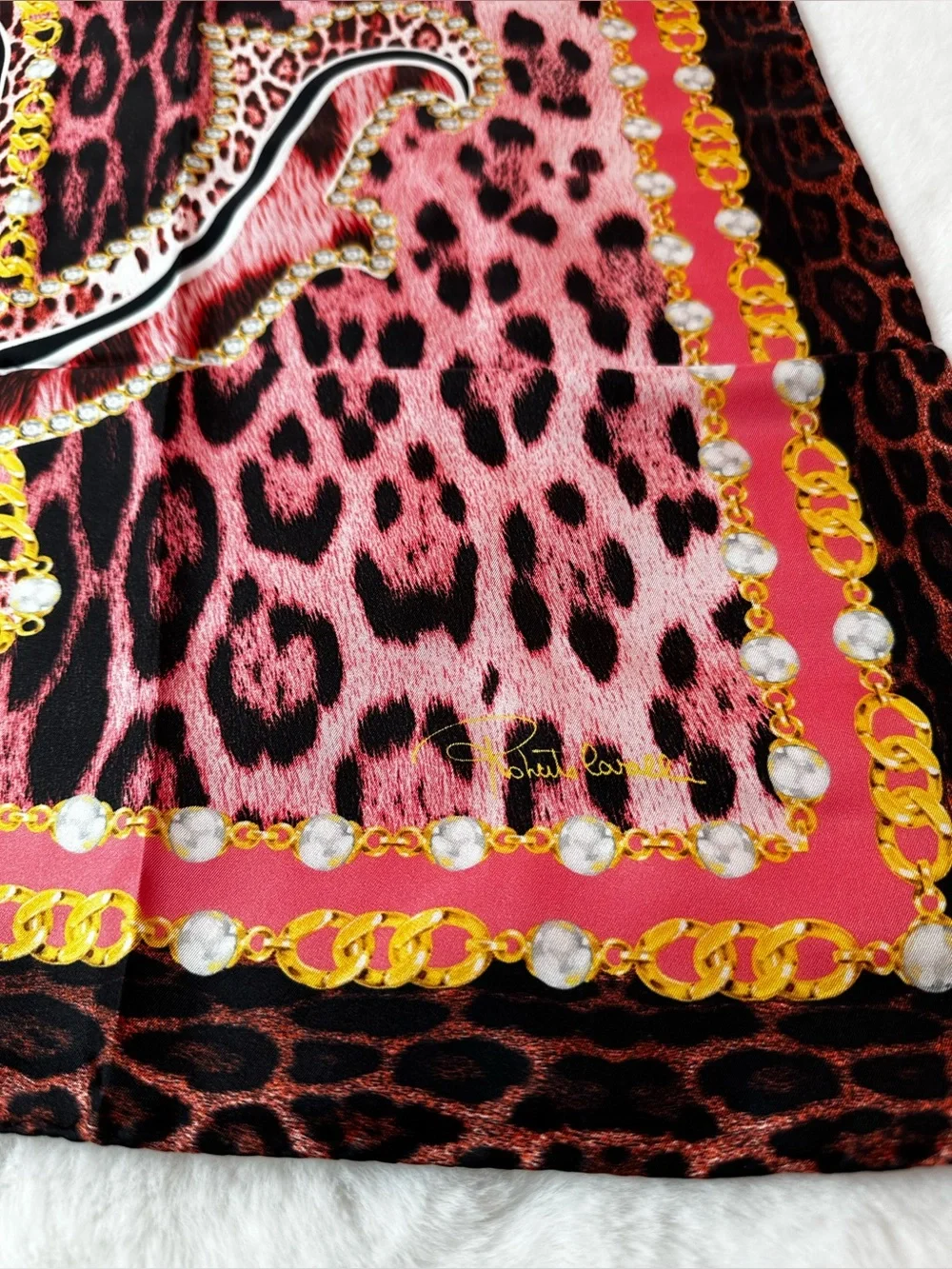 Roberto Cavalli Pink Leopard Print Silk Scarf with Gold Chain Motif